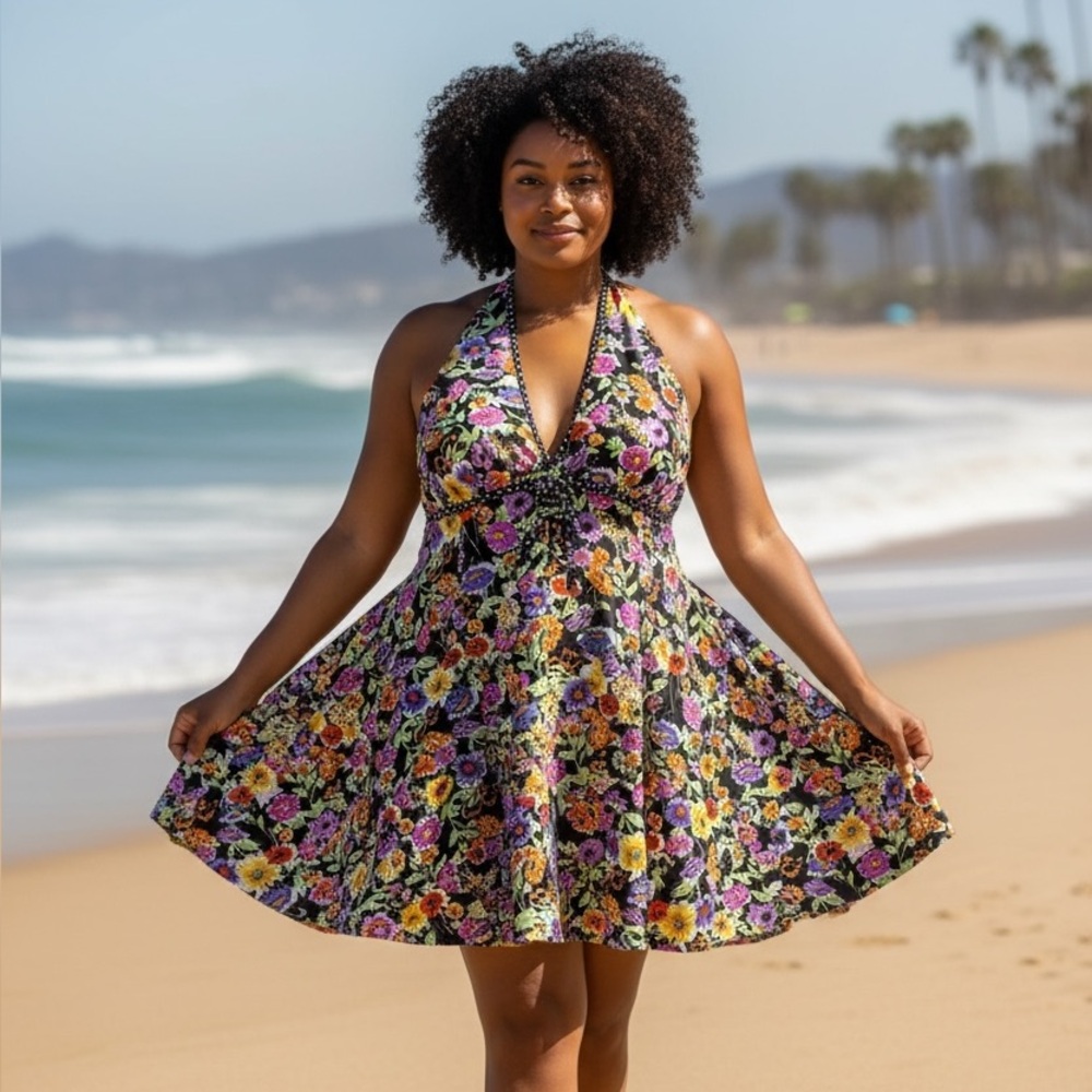 I.f. Women's 18W Floral Halter Neck Tankini Swim Top Black Multi Color‎ B22